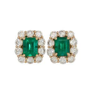Colombian Emerald & Diamond Halo Stud Earrings in 14K Yellow Gold